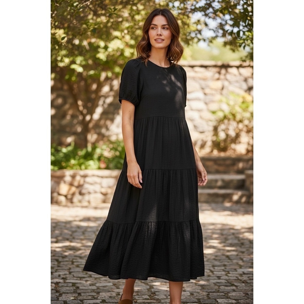 Mister Zimi Black Tiered Midi Dress Short Puff Sleeve Textured Boho Flowy US 2
